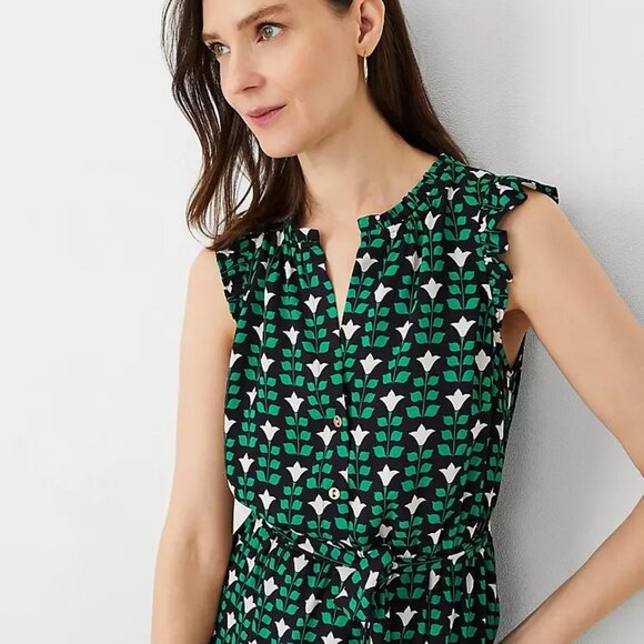 Ann Taylor Floral Tile Ruffle Belted Flare Dress - Picture 3 of 9